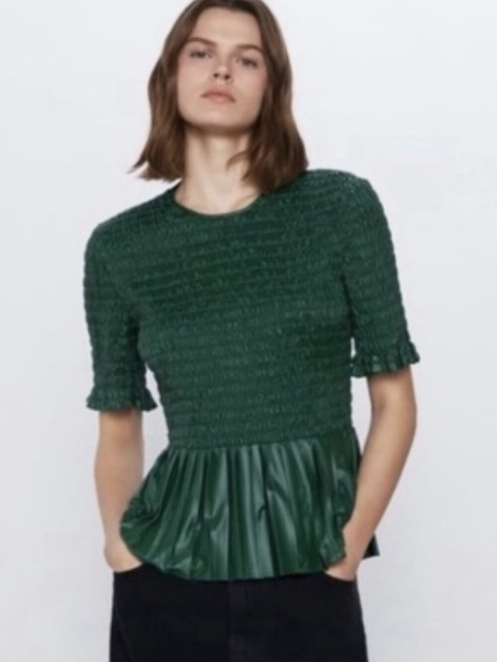 Zara Smocked Peplum Top Faux Leather Emerald Green Pleated Stretch Size XS
